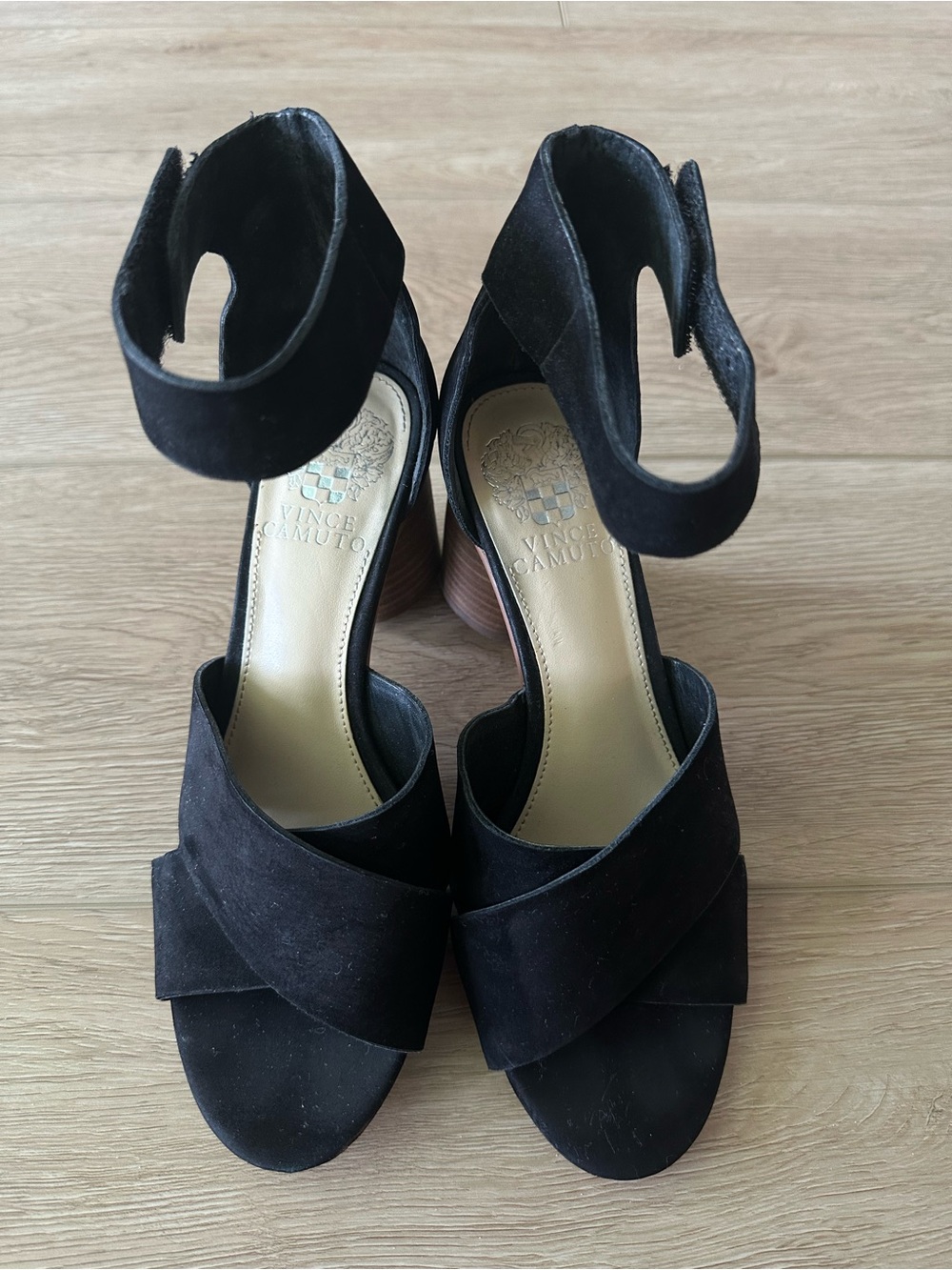 Vince Camuto Black Suede Crisscross Ankle-Strap Heels Size 6.5